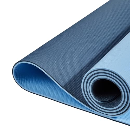 Image of AmazonBasics Dual Colour Reversible Yoga Mat | 6 MM Anti-Slip Thick Mat | Carry Strap | Grippy Surface | TPE & EVA Material | for Men & Women (Dark Blue & Light Blue)