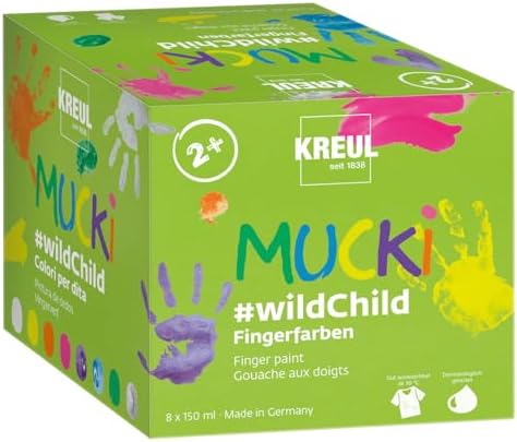 KREUL 2305 - Mucki Fingerfarben Premium Set Wild Child, 8 x 150 ml Farbe in Weiß, Gelb, Orange, Pink, Zauber-Lila, Diamanten-Blau, Grün, Drachen-Silber, auf Wasserbasis, für Kinder
