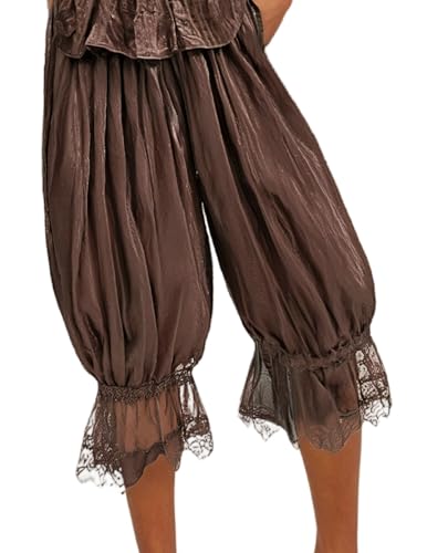 NUFIWI Women Ruffle Long Bloomer Y2k Lace Trim Pettipants Pantaloons Mid Rise Cropped Pajama Pants Under Dress Slips(Cute Brown,M)