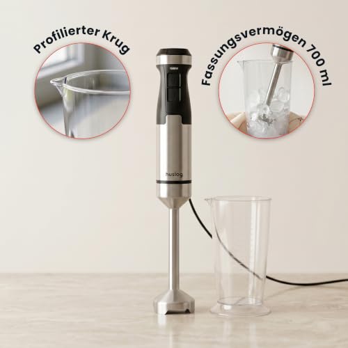 Huslog BlendFlex Stabmixer 1500W – Edelstahl Handmixer mit 20 Geschwindigkeiten & Turbo-Funktion, inkl. 600ml Messbecher – Pürierstab für Smoothies, Suppen, Soßen & Babynahrung