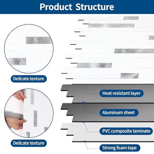 Yipscazo 20 Blatt metallische Steinfliesen zum Aufkleben für Küche, Bad, Waschküche, Wohnmobil, Kamin (30,5 x 30,5 cm, weißes Metall, glänzend bernsteinfarben)