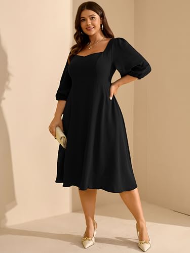 Image of RWJ Plus Size Dress for Women Fall 3 /4 Sleeve Sweetheart Neck Aline Casual Wedding Guest Formal Midi Dresses with Pockets