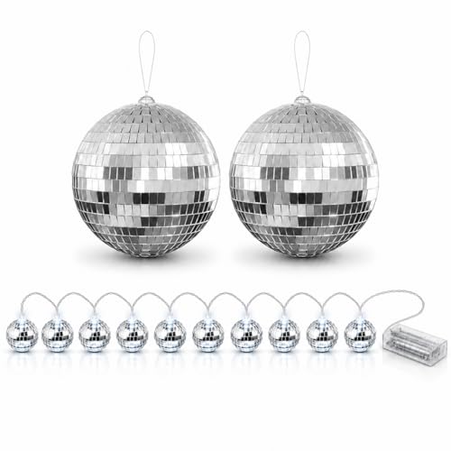Youdepot - Bola espejada de discoteca de 6 pulgadas, paquete de 2 unidades, con luces de bolas espejadas de 1,97 pulgadas, decoraciones plateadas para fiestas y Navidad miniatura 1