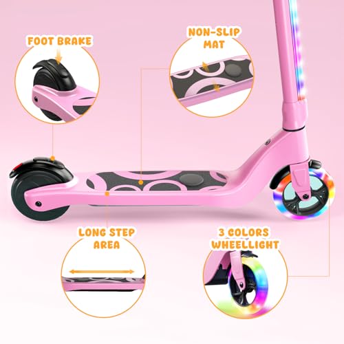 CBD Electric Scooter for Kids, 6 Mph Top Speed, Up to 5 Miles Range, 5.3\" Solid Tires Wheel and Front Light, Kick Scooter Adjustable Height for Kids Age 6-12, Pink - Thumbnail 6