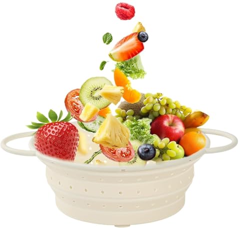 Colador plegable de silicona, colador de cocina de 33 cm, escurridor grande para pasta y verduras con gancho, resistente al calor (13 pulgadas)