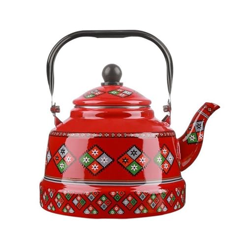 Clásico tetera esmaltada retro de 1,1 l con diseño floral chino y asa fría al tacto para uso doméstico o de oficina.(Rojo)