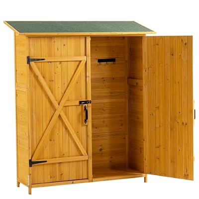 Thirtdos Outdoor Storage Cabinet, Outdoor Storage Shed with Lockable Door, Wooden Tool Storage Shed w/Detachable Shelves & Pitch Roof, Garden Storage Cabinet for Backyard (Natural)