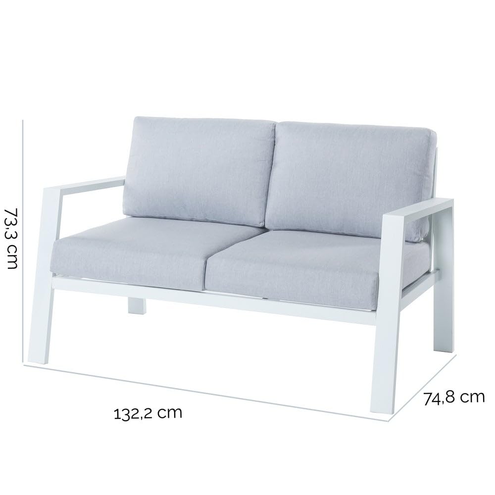 LOLAhome Sofá de Jardín Thais de Aluminio Blanco Tapizado en Tela Hidrófuga Gris de 2 plazas y 132 cm para Exterior, Terraza y Patio