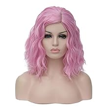 Short Curly Color Partial Bangs 40 cm Pink Synthetic Hair Green Pop Show Lifelike Daily Blue Sweet Purple Hot Cosplay Party Natural Female Wigs with P10-Pink purple