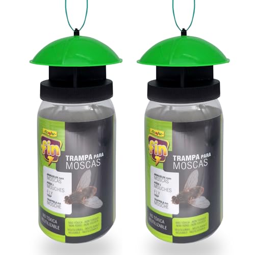 FLOWER Pack 2 Trampa Atrapa Moscas Exterior Interior | Pack Antimoscas con Fórmula Natural, Sin Pesticidas y Potente | Alimento Súper Atrayente al Aire Libre para Insectos | Kit Completo Reutilizable