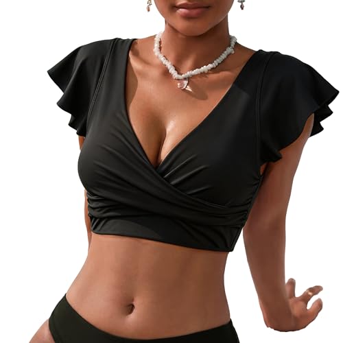 Hilor Black Ruffle Short Sleeve Swimsuit Top for Women...
