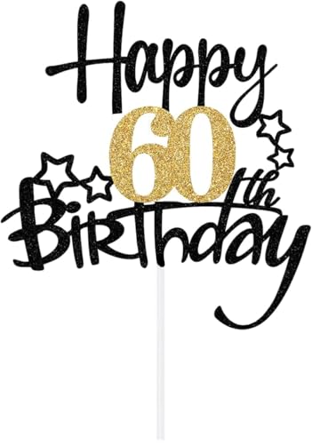 LIANRISES Happy 60th Birthday Cake Toppers for Men Women Glitter Black and Golden