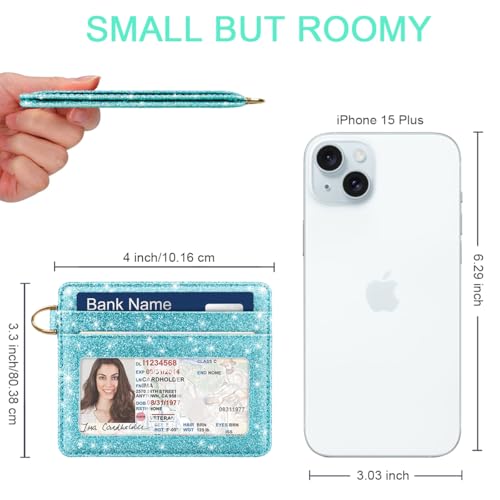 Image of Slim Minimalist Pocket Credit Card Holder Wallet Women | RFID Blocking Lightweight Thin Small Cute Card Cases, Glitter Teal