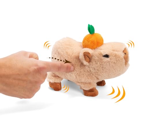 Simba PetZoo Capybara Stofftier – mit Orange auf dem Kopf, läuft und Macht süße Geräusche, Try Me-Funktion, interaktives Plüschtier, 17 cm, ab 3 Jahre