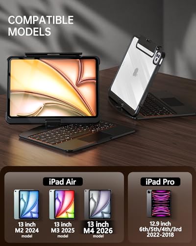 Image of Intermerge Keyboard Case for iPad Air 13-inch (M4 / M3 / M2, 2026 /2025 /2024), 360 Rotating Multi-Touch Trackpad, 7-Color Backlit Keyboard,Compatible with iPad Pro 12.9-inch (3rd /4th /5th /6th Gen), Black