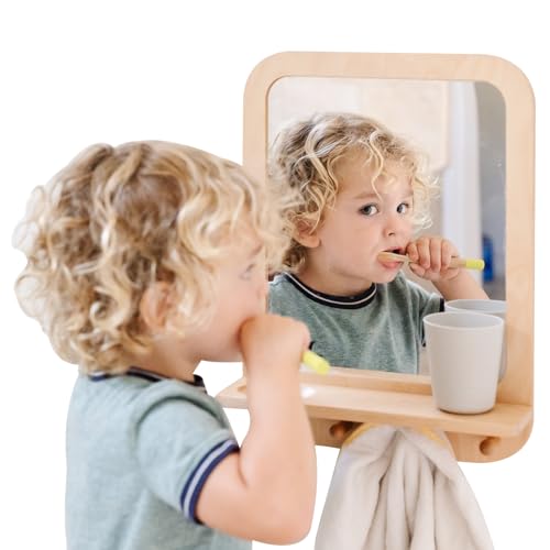 Image of Montessori Wooden and Acrylic Wall Mirror with Hooks for Toddlers - Entryway Mirror with Hooks and Shelf Organizer Self-Care Station