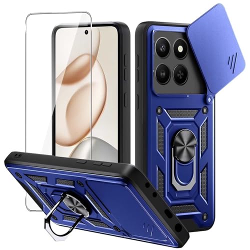 Case for Honor 400 Smart/Honor X7d Phone Case with Tempered Glass Screen Protector,Dropproof Cell Phone Cover with Kickstand & Slide -Blue