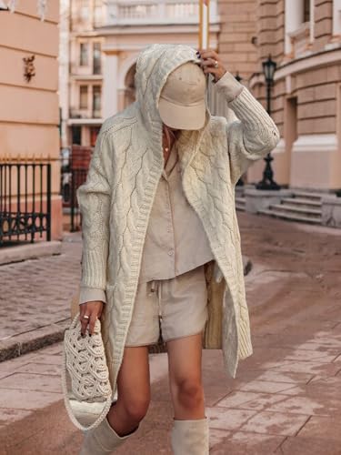 Women's Hooded Open Front Long Cardigan Cable Knit Sweaters Side Pocket Oversized Chunky Cardigan Outwear Coat2
