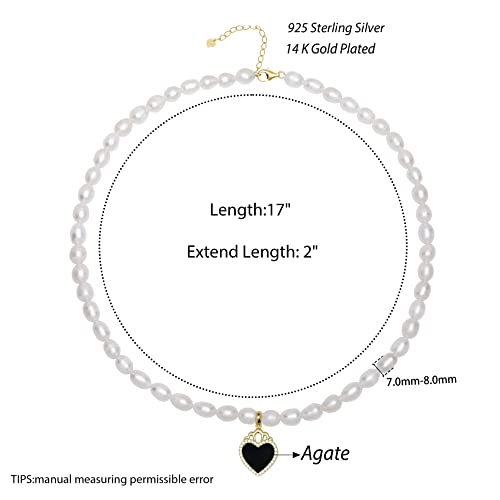 2023 New 925 Sterling Silver Dainty Freshwater Cultured Pearl Strand Necklace Black Agate Love Heart Pendant White Genuine Real Pearls Jewelry Gifts For Her 7-8Mm #TOP4