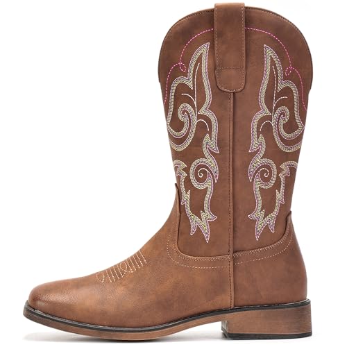 Image of IUV Cowboy Boots For Women Square Toe Cowgirl Wide Mid Calf Western Boots | Comfortable, Pull-on, Colorful Embroidered, Vintage-modern, Stylish for Daily Life and Outdoor Adventures.