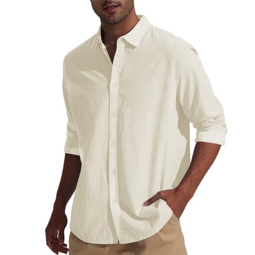 Friptspyg Leinenhemd Herren Hemd Langarm Baumwolle Leinen Hemden Button-Down Freizeithemden Casual Regular Fit Sommerhemd, Beige XL 5