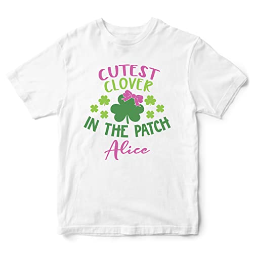 Purple Print House Personalised Cutest Clover in The Patch Girls T Shirt for St Patricks Day Paddys Irish Outfit Top, 9-11 Years, White