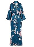 Applesauce - 868P - Plus Size/Regular Size Women’s Satin Kimono Long Robe – Floral (US Size XS/S, M/L, 1X/2X, 3X/4X) (3X/4X (22W-28W), Crane and Chrysthemum - Deep Sea Green)