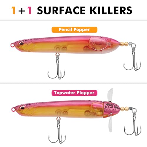 TRUSCEND Top Water Pencil Fishing Lures with Double Floating Rotating Tail, Surface Pencil Popper, Long Cast Premium Bass Bait with Rattle, Fishing Teasers Swimbaits for Freshwater Saltwater