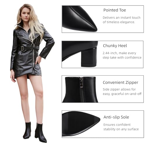 Image of Booties for Women Pointed Toe Ankle Boot Chunky Block Low Heel Boot | Comfortable Fall Winter Spring Side Zipper Faux Leather Short Boots Ladies Dress Boots for Daily Wear Office Work