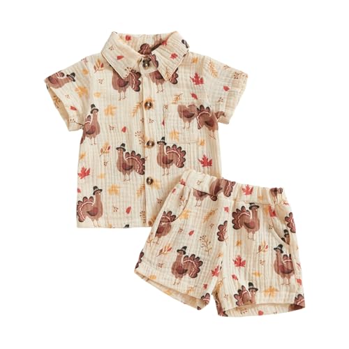 Toddler Baby Boy Thanksgiving Outfit Turkey Cotton Linen Short Sleeve Button Down Shirt and Shorts Set Fall Clothes