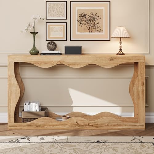 Easexcy Mesa consola de borde ondulado, estantería de 2 niveles, aspecto de madera, mesa larga, mesa decorativa, pasillo, estantería de pasillo, diseño de borde natural, mesa auxiliar, 160,5 x 30 x