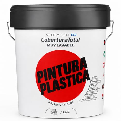 CABLEPELADO - Pintura Plástica Cobertura Total 4L | Pintura Mate Muy Lavable para Paredes y Techos | Revestimiento Antigoteo Transpirable Bajo Olor de Interior Exterior | Cubeta 4 Litros | Blanco