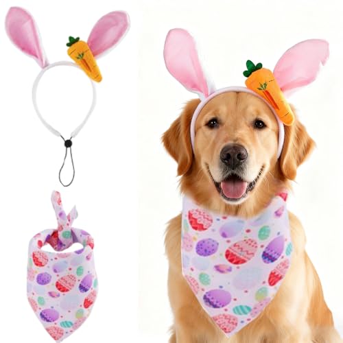 JAAQUCD Dog Easter Costume Pet Bunny Ears Headband and Egg Bandanas Set Puppy Easter Outfit Dog Rabbit Accessories Clothes for Small Medium Large Dog (Pink Large)