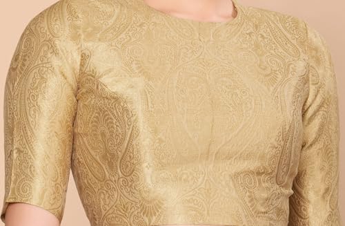 Image of Studio Shringaar Women Brocade Silky Jewel Neck Readymade Elbow Length Sleeve Saree Blouse