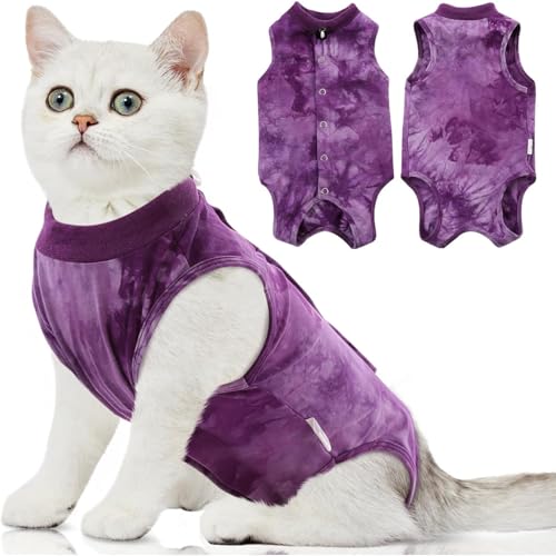 YOASONEK 術後服 猫用 ペット術後ウェア 手術後 皮膚保護 傷舐め防止 エリザベスカラーに代わり 介護服 引っ掻き防止 避妊術後ケア 男の子 女の子 兼用 (パープル, S)