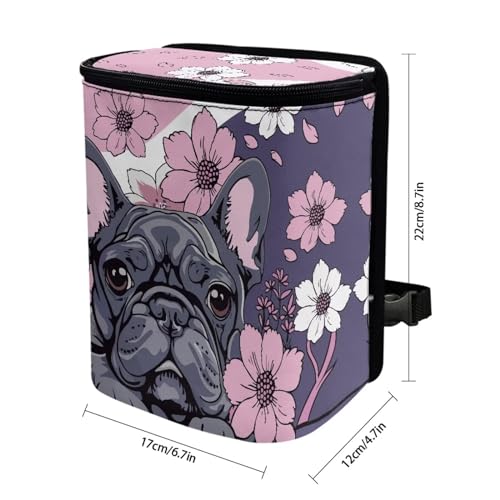 Image of Talayituse French Bulldog Cherry Blossom Print Car Trash Can with Lid, Leak Proof Auto Trash Bag Hanging Vehicle Garbage Can Multipurpose Storage Container for Back Seat Road Trip