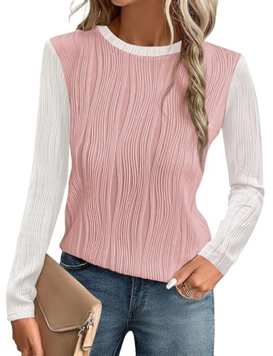 Gemulate Womens Blouses Ladies T-Shirts Fall Winter Trendy Dressy Tops Long Sleeve Color Block Jumper Pink White L