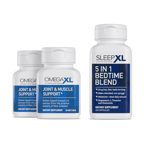 OmegaXL Joint Relief Supplement - Natural Muscle Support 60 Softgels (2 Pack) & SleepXL immediate-Release melatonin L-Theanine (Calming) Chamomile Magnesium & B6 (60 Vegan Capsules)