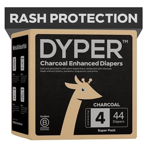 DYPER - Charcoal Enhanced Day & Overnight Disposable Baby Diapers - Made with Plant-Based* & Honest Ingredients, Hypoallergenic for Sensitive Skin - Size 4, (44 Count)
