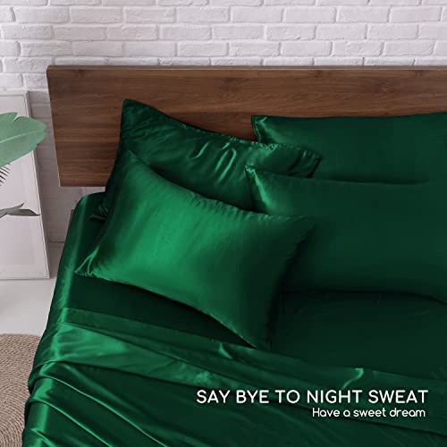 Image of MR&HM Satin Bed Sheets, Queen Size Sheets Set, 6 Pcs Silky Bedding Set with 15 Inches Deep Pocket for Mattress (Queen, Dark Green)