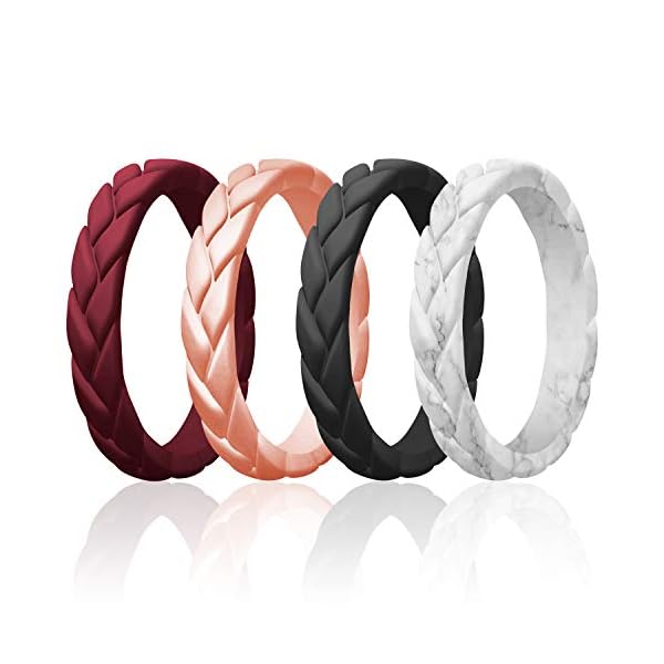 ROQ Silicone Rubber Wedding Ring for Women, Thin Stackable Rubber Silicone Wedding Band, Bridal Jewelry Set, Leaves Style, 4mm Wide 2mm Thick, 4 Pack, Black, Bronze, Bordeaux, Rose Gold, Size 7