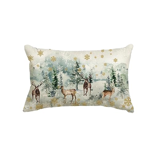 Artoid Mode Funda de cojín de acuarela, reno, árboles, copo de nieve, Navidad, 30 x 50 cm, decoración de Navidad, funda de cojín para sofá, sala de estar