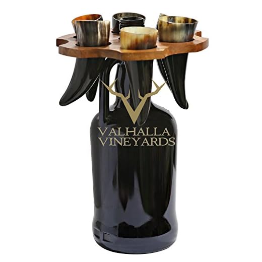 Valhalla Buffalo Horn Shot Rack - 6 Authentic 2 oz. Horn Shot Glasses with Premium Custom Made Valhalla Shot Rack
