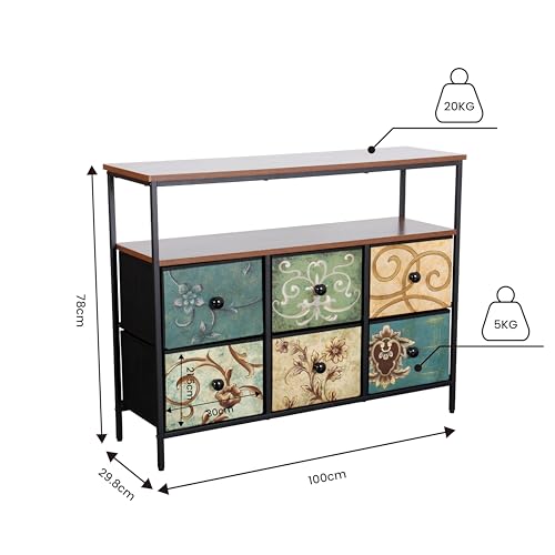 Image of HOME ELEMENTS Fabric Chest of Floral Printed Glossy 6 Drawers for Bedroom,Clothing Storage Organizer Unit Dresser Chest of Drawers for Living Room Closet Hallway,100x29.8x78cm,Assorted