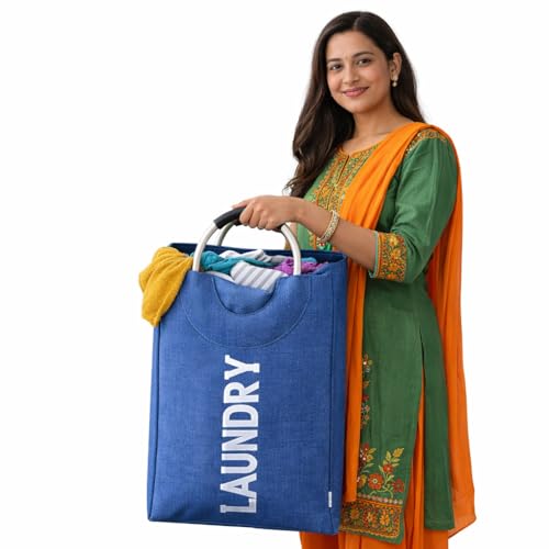 Image of DecorTwist Structured Fabric Laundry Basket with Metal Handles | Large Carry Basket for Clothes Toys & Storage | Foldable & Multipurpose | L40xW26xH38 cm | Blue