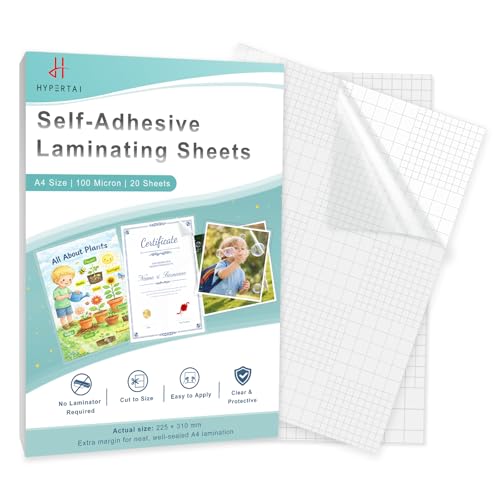 HYPERTAI Self-Adhesive Laminating Sheets A4 Size 20-Pack No Heat No Machine Laminating Film 225 * 310MM 100 Micron Glossy Protection Film for DIY Crafts Home & School