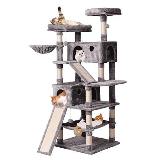 JISSBON Torre de gato para gatos de 178 cm, poste rascador para gatos con condominios, escaleras, cesta, hamaca y perchas de felpa para gatitos, gatos grandes, gris claro