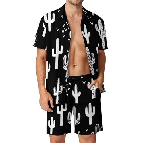 Chemise Hawaïenne Hommes Ensemble Cactus Noir d'Été 2 Pièces avec Short et Pantalon de Plage S