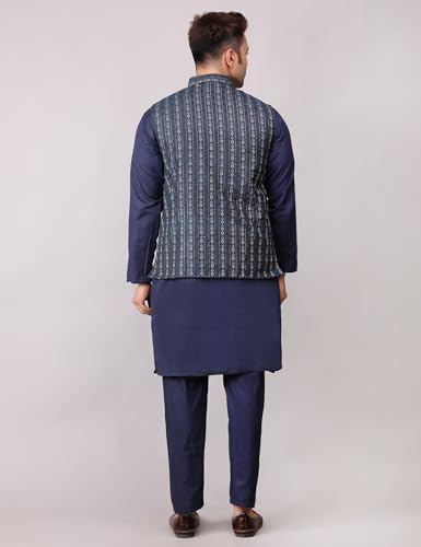 Image of Men's Cotton Silk Blend Regular Kurta Pyjama, Embroidered Nehru Jacket /Waistcoat Set