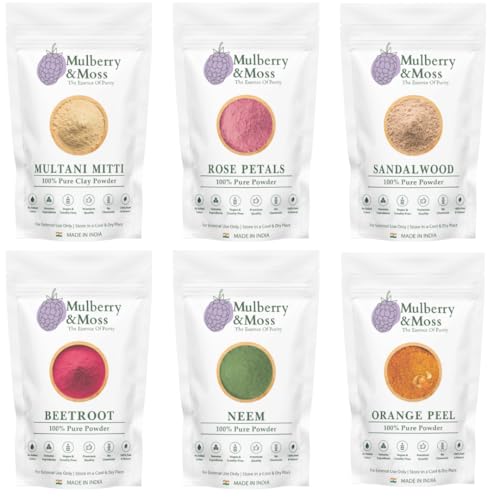 Image of Mulberry & Moss Ultimate Skin Solution Kit | 6-in-1 Powder Blend (Rose Petals, Beetroot, Multani Mitti, Neem, Orange Peel, Sandalwood) | For Glowing, Acne-Free, Oily & Tan-Free Skin | 75g Each